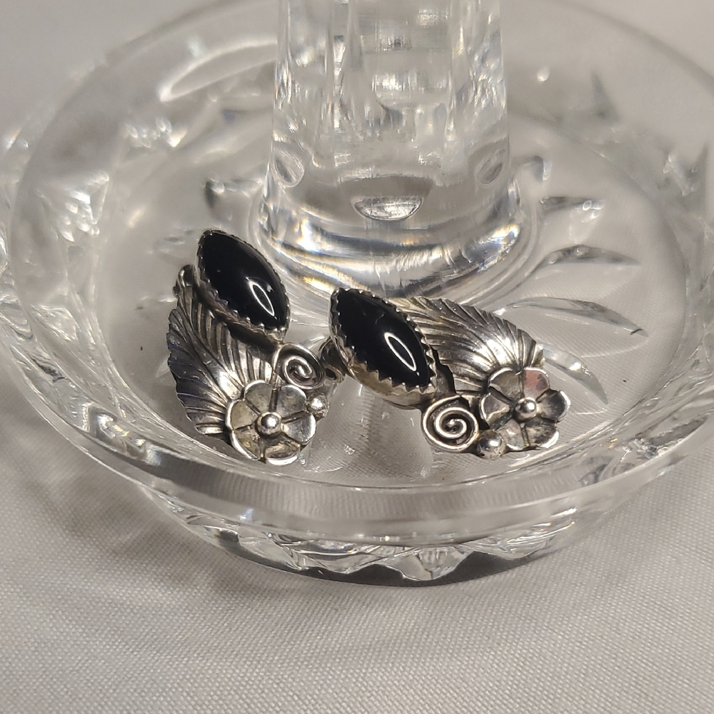 Vintage Sterling And  Black Floral Earrings